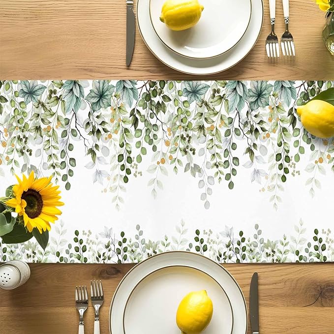 Sage Green Eucalyptus Cotton Linen Table Runner for Dining Kitchen,Farmhouse Leaves Botanical Floral Wedding Outdoor Party Tablerunners Decoration Dresser Scarf Coffee Tablecloth Runners 13x108 Inches
