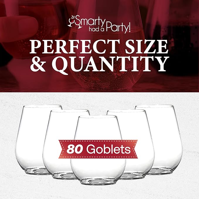 Smarty Had A Party 4 oz Clear Stemless Plastic Mini Goblets, Unbreakable Disposable Wine Goblets for Weddings, Parties, and Events, Bulk Drinkware for Celebrations (80 Count)