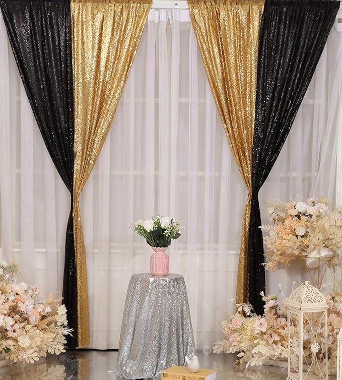Poise3EHome Black Sequin Backdrop Curtain, 2 PCS 5FT x 10FT Sequin Backdrop Panels,Black Curtains for Photography Party Birthday Halloween Backdrop