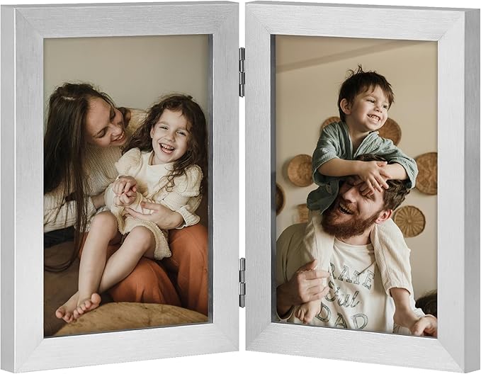 decorUhome Double 4x6 Picture Frame Vertical, Engineered Wood Bifold Photo Frame with Plexiglass for Tabletop Display, 4x6, Silver