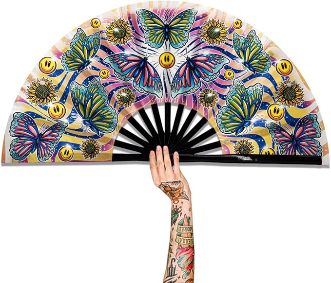 13" Large Rave Fan Bamboo, Folding Clack Hand Fans Foldable for Men Women, Boots on the Ground Poping Fan for EDM Festival Line Dance Decoration, (Butterfly, Large 13")