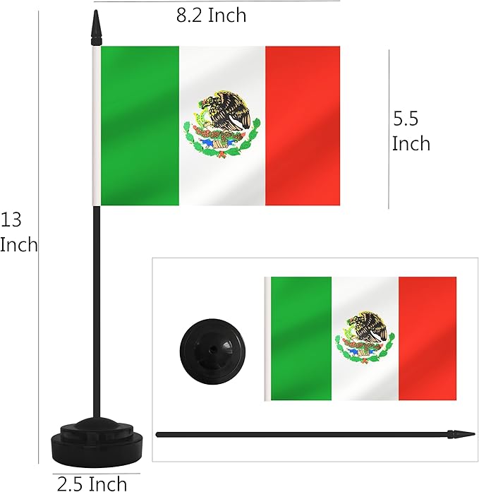 2 Pack Mexico Desk Flag Set, Mexican Desktop Small Miniature Table Office Flag with 12" Black Pole and Black Base, Offices, Classroom, Home, Festival Decoration (Mexico)