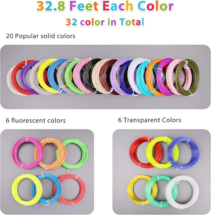 FIROS 3D Pen Filament Refills, 32 Colors 3D Pen PLA Filament, Each Color 32.8 Feet, Total 1050 feet 3D Printing Pen PLA Filament, Compatible with SCRIB3D MYNT3D 3D Pen, Not Suitable for 3Doodler