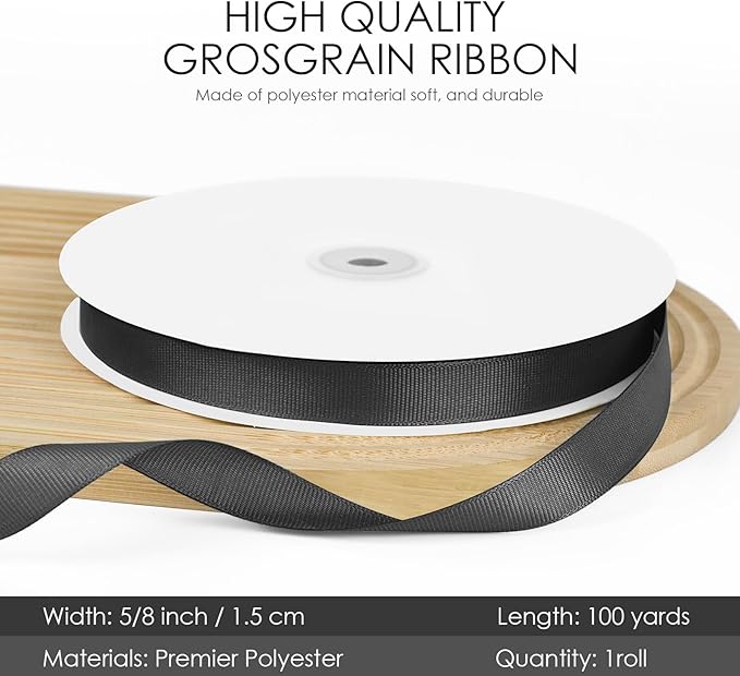 100 Yards 5/8 inch Grosgrain Ribbon, Solid Color Fabric Ribbon Perfect for Gift Wrapping, Wedding, Handmade Bows, Floral Bouquets and Party Decoration(Black)