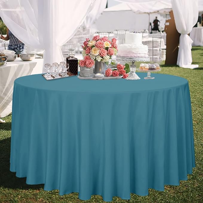 sancua Round Tablecloth - 108 Inch - Water Resistant Spill Proof Washable Polyester Table Cloth Decorative Fabric Table Cover for Dining Tables, Buffet Parties and Camping, Teal