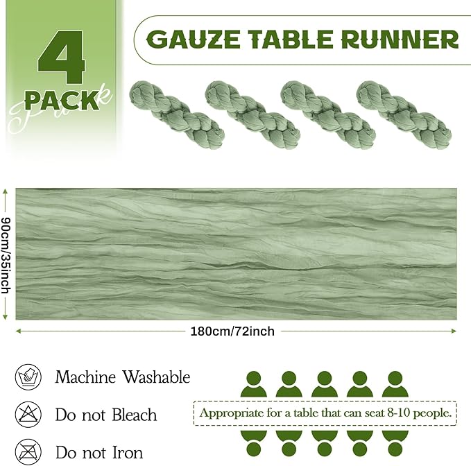 Aktor 4 Pack Sage Green Table Runner Boho Cheesecloth Table Runner Semi Sheer Gauze Fabric Runners for Wedding Birthday Baby Shower Party Boho Table Decoration（Sage Green）