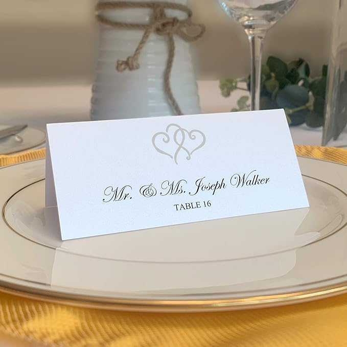 Linked Hearts Place Cards, Silver (Choose Color), Set of 150, Pre-cut and Scored - Wedding, Party, Dinner, and Special Events - Made in the USA