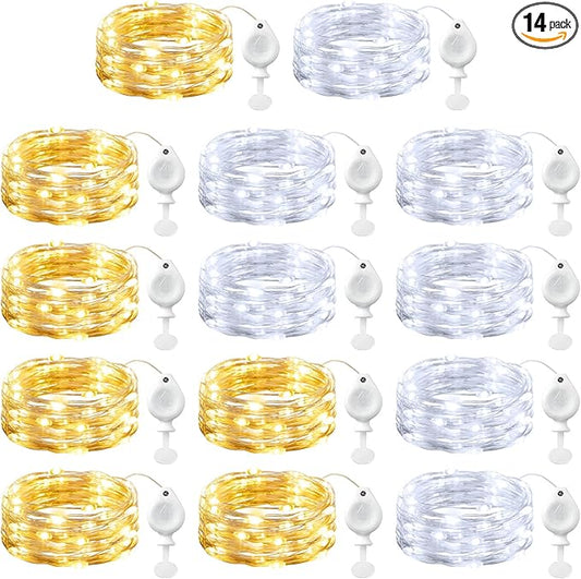 Brightown 14 Pack Warm White and White LED Fairy Lights Battery Operated String Lights, 7ft 20LED Waterproof Silver Wire String Lights, Firefly Starry Moon Lights for Mason Jars DIY Christmas Wedding