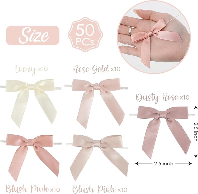 AIMUDI 5 Colors Dusty Rose Bows 2.5" Pink Satin Twist Tie Bows for Gift Wrapping Premade Satin Bows for Making Crafts Treat Bag Baby Shower Birthday Party Wedding Decoration, 50 PCs