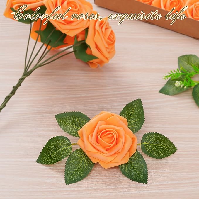 BLEUM CADE 16Pcs Artificial Flowers Fake Roses with Stems, Orange Boxed Foam Roses for DIY Bouquets Centerpieces Wedding Party Arrangement Bridal Shower Decor