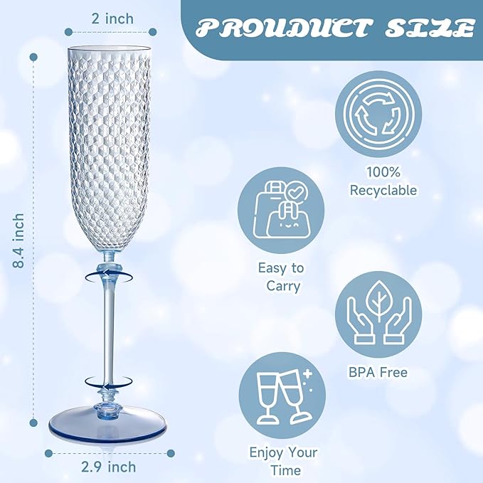 XUWAIDSGN 24 Pack Blue Detachable 2 piece Champagne Flutes 5.5 Oz Unbreakable Plastic Mimosa Disposable Champagne Glasses Drinking Cups Stemmed Reusable Wine Toasting Glasses for Wedding