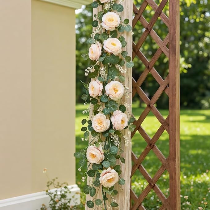 2Pcs Total 13 feet Eucalyptus Flower Garland with Fake Rose Flower, Artificial Fake Flowers Greenery Garland Floral Vines for Decoration Party Wedding Table Indoor Outdoor Backdrop Wall Decor（Pink）