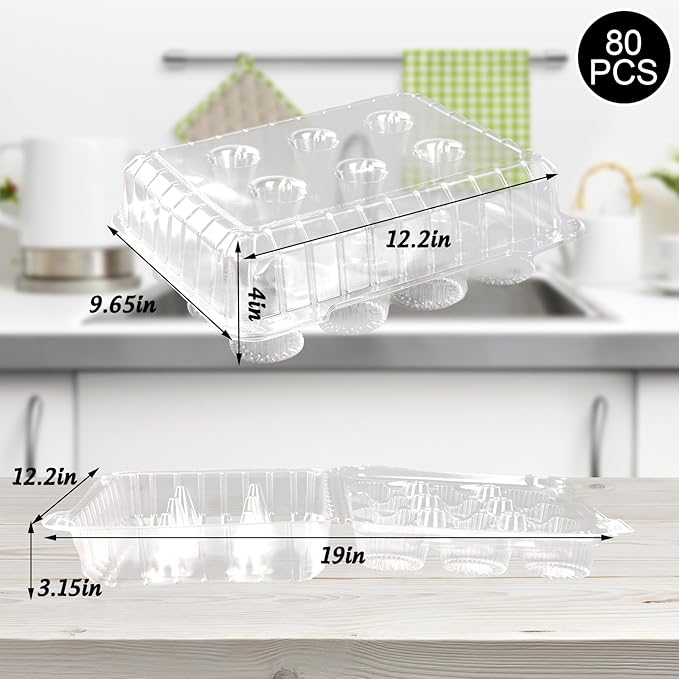 80 Pack Plastic Cupcake Containers 12-Compartment Clear Cupcake Boxes Disposable Cupcake Tray Holders 12 Cavity Cupcake Carriers with Deep Dome For Cupcake Muffin Packaging