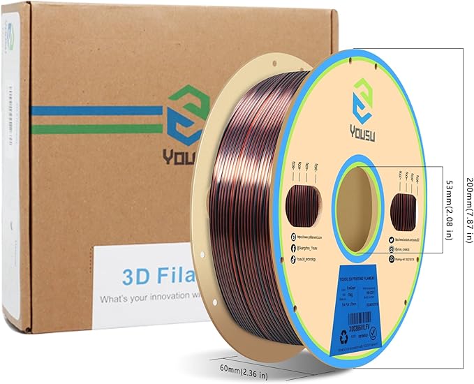 YOUSU Silk Dual Color PLA Filament, Coextrusion Filament, Multicolor 3D Printer Filament 1kg, Compatible with Most of 3D Printer, Silk Silver Copper Color Change Filament.