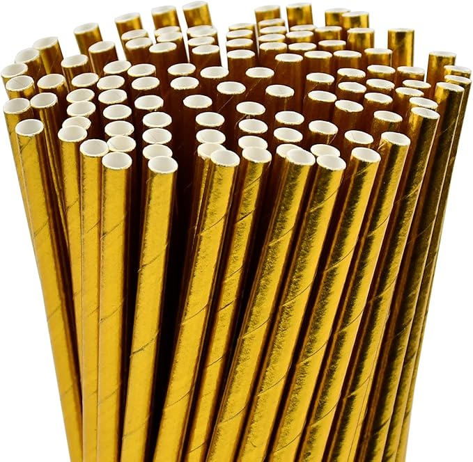 7.75 inch Compostable Gold Paper Straws 100 Counts - for Drinking, Cocktails, Party, Wedding, Decoration