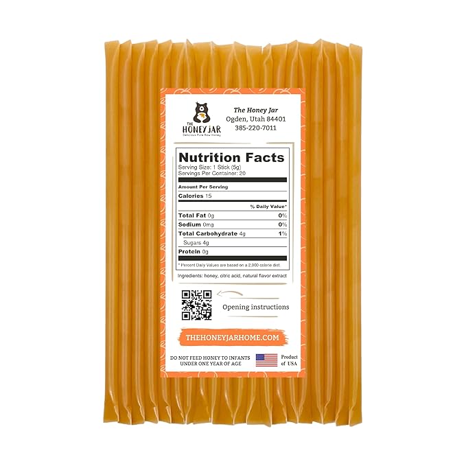 The Honey Jar Peach Flavored Honey Sticks - Pure Honey Straws For Tea, Coffee, or a Healthy Treat - One Teaspoon of Flavored Honey Per Stick - Made In The USA with Real Honey - (20 Count)