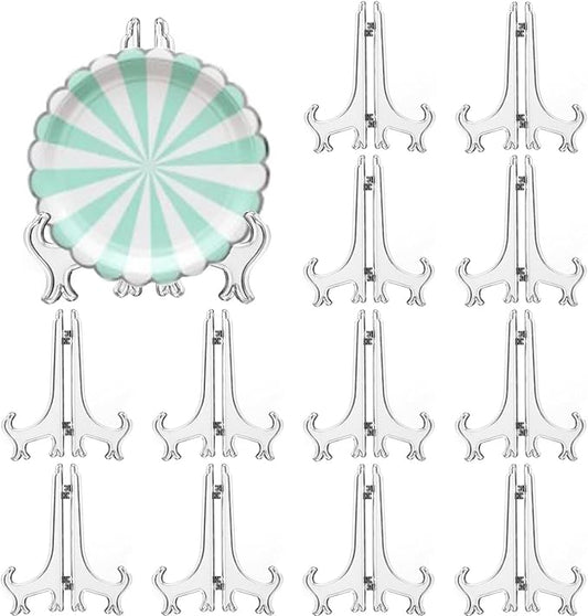 12 Pack 5 Inch Clear Plastic Easels or Stand/Plate Holders to Display Pictures or Other Items at Weddings, Plate Stands for Home Decoration, Birthdays, Tables