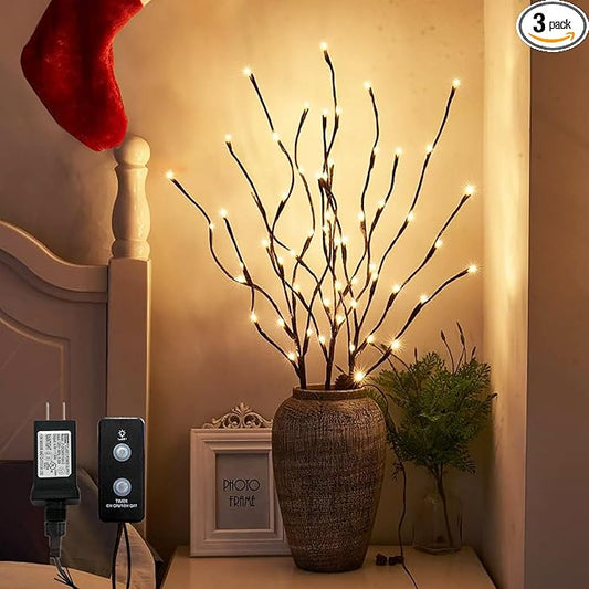 PEIDUO Lighted Brown Branches with Timer, 30Inch 3PK 60 LED Pathway Lights, Willow Branch Lights for Home Decorations Indoor Apartment Outdoor Stake Lights for Lawn
