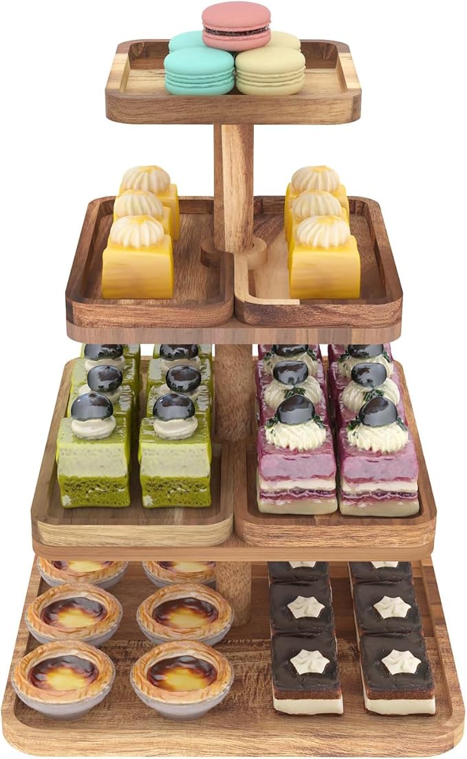 Acacia Wood 4 Tier Cupcake Stand with 4 Removable Snack Tray, Rustic Square Cup Cake Tower Stand for 50 Cupcakes, Display Cakestand for Wedding, Birthday, Serving Tea Party, Natural