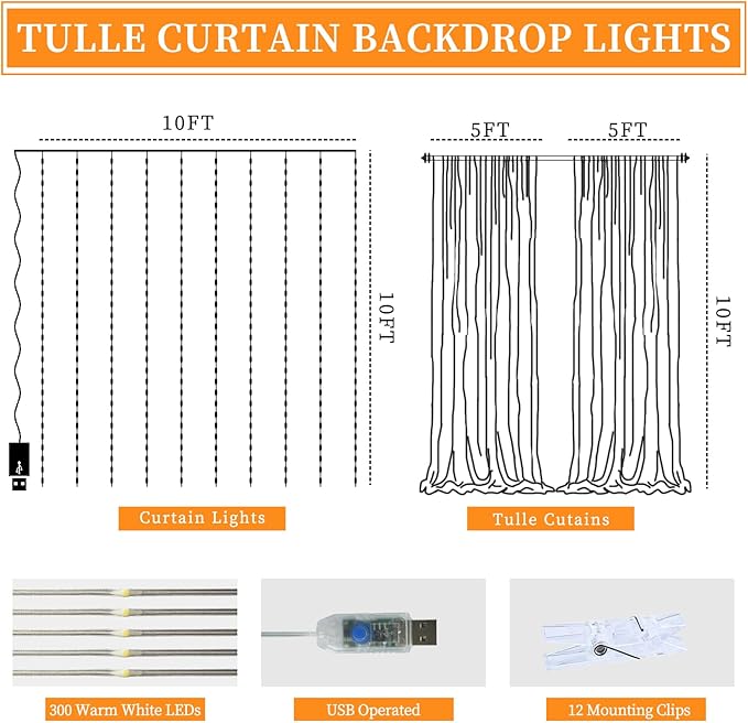 10x10ft Ivory Tulle Backdrop Curtain with String Lights, Wrinkle-Free Sheer Wedding Backdrop for Birthday Parties, Baby Showers, Bridal Showers, Photo Shoots and Home Decorations, Ivory