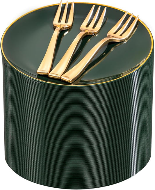 Festiva 200Pcs Green Dessert Plates 6.3" with Plastic Forks 5"- Small Disposable Plates- Dessert/Cake/Appetizer Plastic Plates include 100Plates 100Forks for Christmas Party&New Year