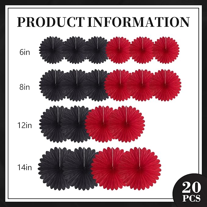 20 Pcs Black Red Hanging Paper Fan, Hanging Honeycomb Round Paper Fans for Weddings, Birthdays, Christmas, Baby Showers, Classroom, Events Ceiling Party Supplies Decorations