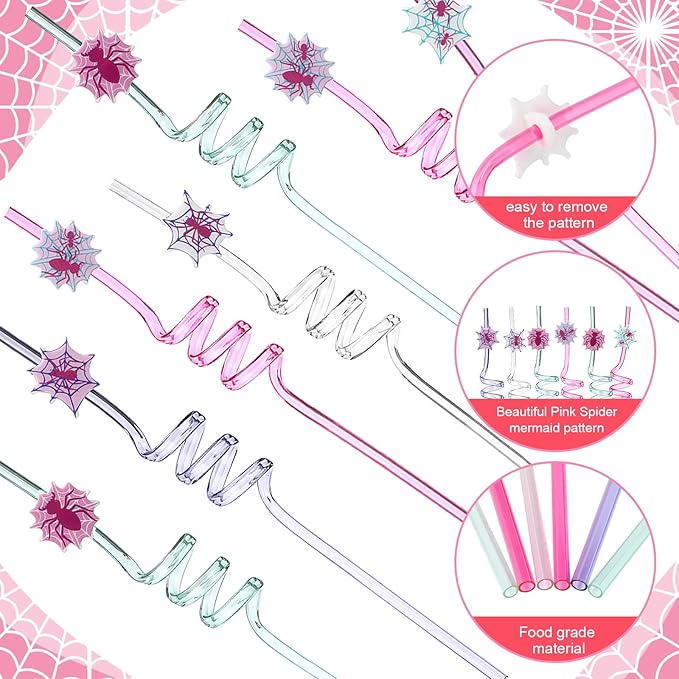 Yungyan 16 Sets Pink Spider Party Favors Goodie Cups with Lids and Straws for Halloween Party Decorations Reusable 16oz Plastic Candy Cups Plastic Straws for Birthday Gift (Pink Spider)