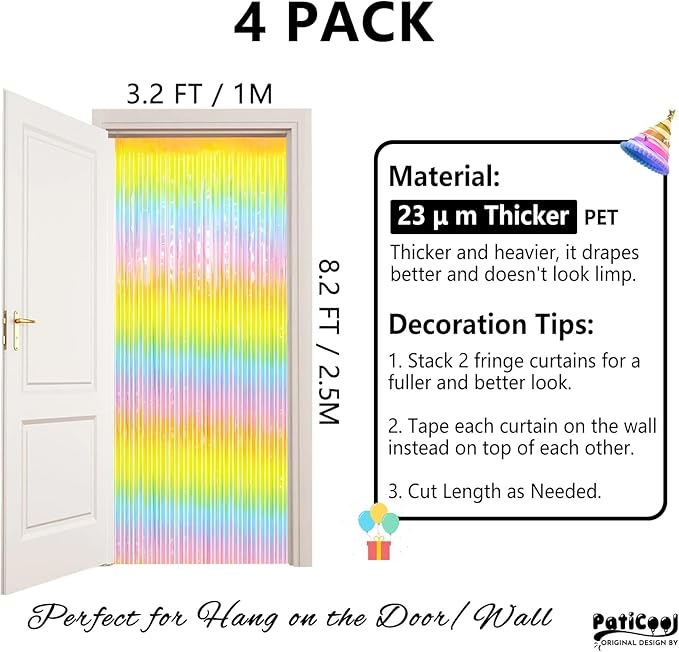 Easter Decorations Pastel Rainbow Streamers - Thicken 4 Pack 3.2 x 8.2 FT - Pastel Rainbow Foil Fringe Curtains, Pastel Backdrop for Birthday, Baby Shower, Spring Party Decorations