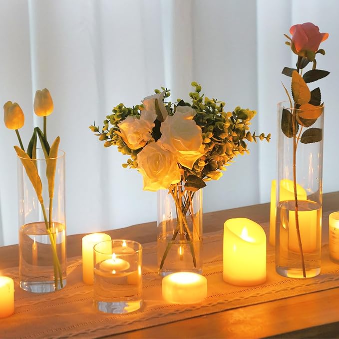 CEWOR 12pcs Glass Cylinder Vase 4, 6.8, 9, 11.8 Inch Glass Candle Holder Clear Vases for Centerpieces Tall Flower Vase for Wedding Home Decor Party 4 Different Sizes