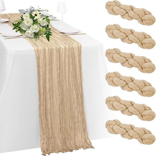 6 Pack Beige Cheesecloth Table Runner 23x120 inch Rustic Boho Gauze Table Runner 10 FT Long Sheer Cheese Cloth Fabric Table Runners for Romantic Wedding Bridal Shower Birthday Party Decor