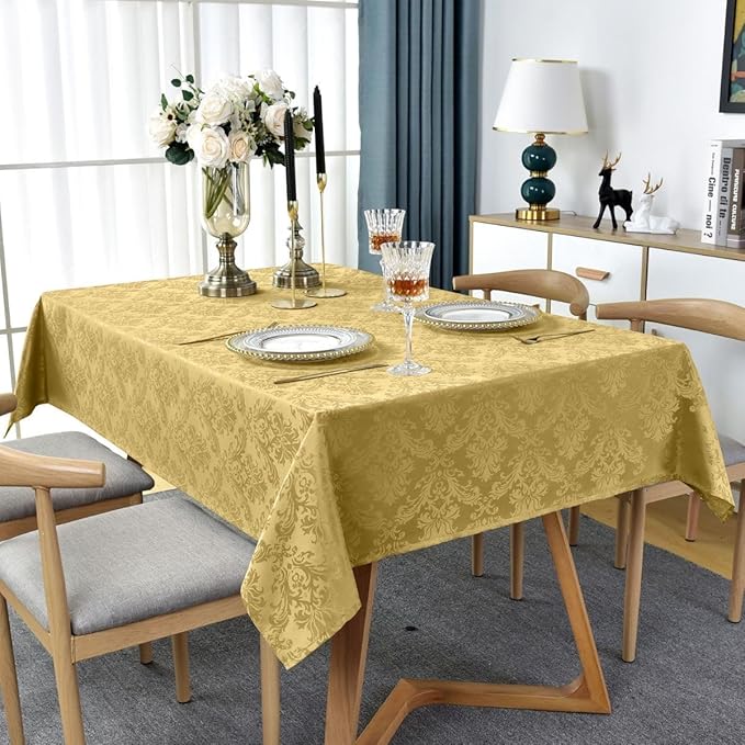 SASTYBALE Square Jacquard Tablecloth - 52x 52 Inch Spill Proof Wrinkle Resistant Damask Table Cloth, Soft Polyester Table Cover for Kitchen Parties Farmhouse, Gold