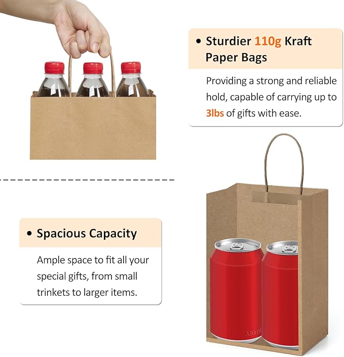 BagDream 150 Pack Small Gift Bags Bulk 5.25x3x8 Inch Natural Kraft Paper Gift Bags with Handles Shopping Merchandise Retail Business Wholesale Birthday Party Favors Bags Brown Paper Sacks