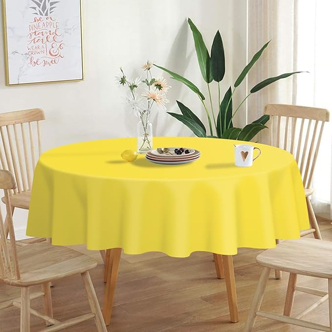 QIKSION Yellow Round Tablecloth 6 Pack, 84 Inch Plastic Table Cover Disposable for Parties