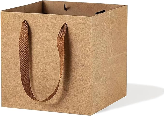 Kraft Paper Gift Bag Small Square Bottom Kraft Paper Bags with Handles (Natural Kraft, 8 x 8 x 8 in, 10 CT)