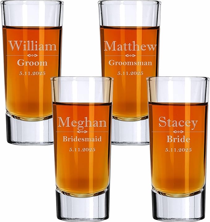 Custom Engraved Shot Glass – 2oz Tall Clear Glass – Personalized Gift for Wedding Party – Classic Etched Barware Keepsake for Groomsmen, Bridesmaids, and More (4)