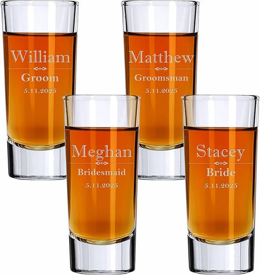 Custom Engraved Shot Glass – 2oz Tall Clear Glass – Personalized Gift for Wedding Party – Classic Etched Barware Keepsake for Groomsmen, Bridesmaids, and More (4)