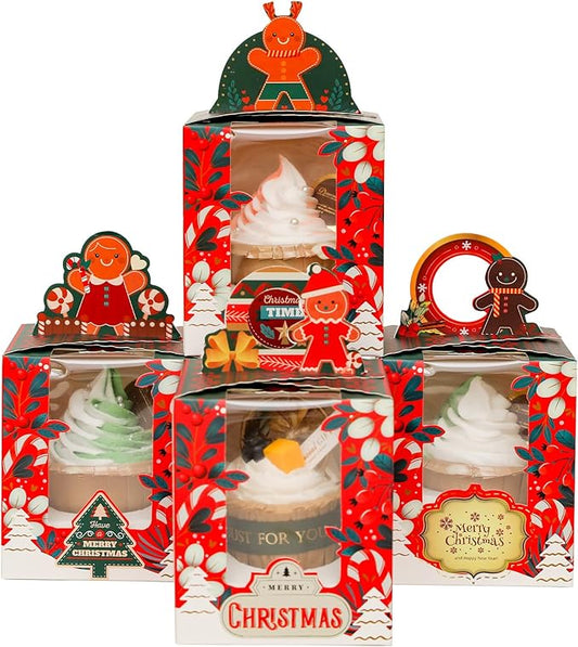 qiqee Christmas Individual Cupcake Boxes 50pcs Individual Cupcake Boxes with Window 3.7" 3.7"*4.5" Cupcake Box for Christmas