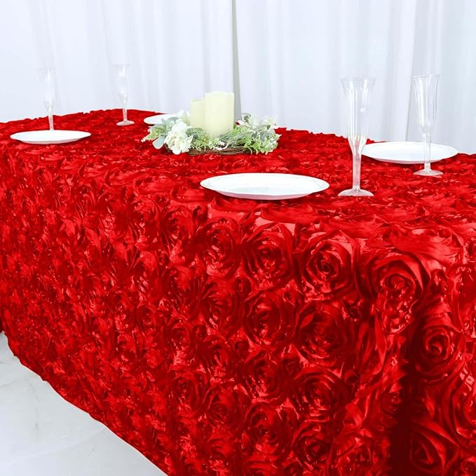 Efavormart 90"x132" Wholesale Rectangle Table Cover RED Grandiose Rosette 3D Satin Tablecloth for Wedding Party Event Decoration