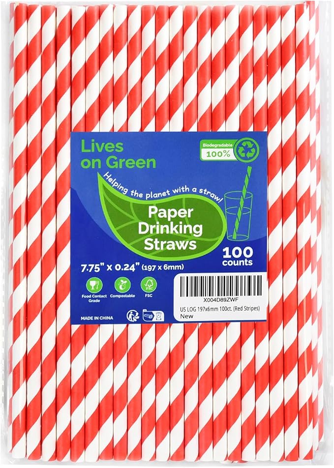 Disposable 7.75 inch Red White Striped Paper Straws Biodegradable 100 Counts - for Drinking, Cocktail, Decoration, Party, Crafts