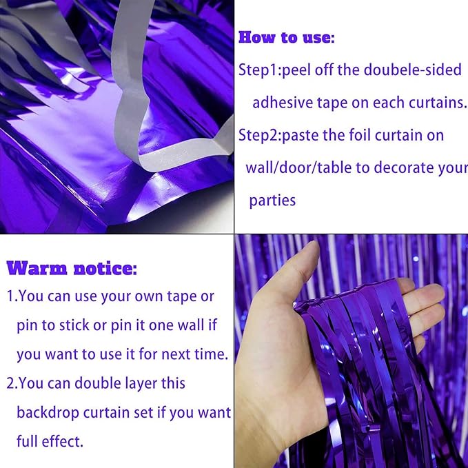 4 Pack Purple Foil Fringe Curtain Backdrop, 3.28Ft x 8.2Ft Metallic Tinsel Foil Fringe Streamer for Party, Photo Booth Props, Birthday, 2022 Graduation Decoration Party Supplies