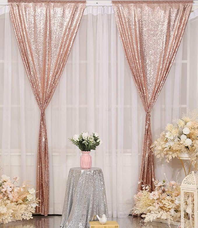 Poise3EHome Rose Gold Sequin Backdrop Curtain, 2 PCS 5FT x 10FT Sequin Backdrop Panels,Sequence Wedding Party Background Drapes