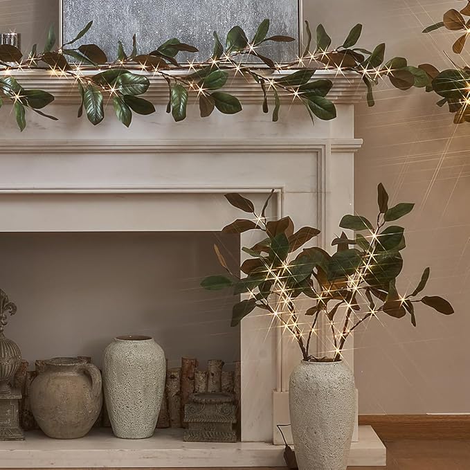 Fudios Magnolia Branches Lights with Timer 32IN 60 LED Battery Operated or USB Plug in Artificial Greenery Magnolia Stems for Spring Decor