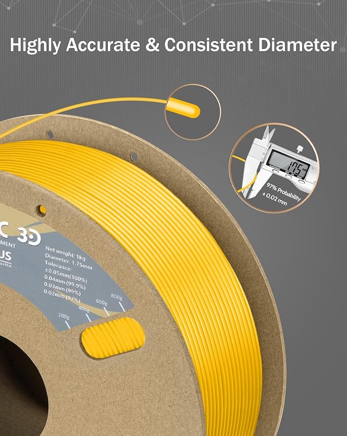 DURAMIC 3D PLA+ Filament 1.75mm 1Kg Yellow, PLA Plus Filament 1Kg Spool(2.2lbs) Tougher and Stronger, Dimensional Accuracy Probability +/- 0.02mm
