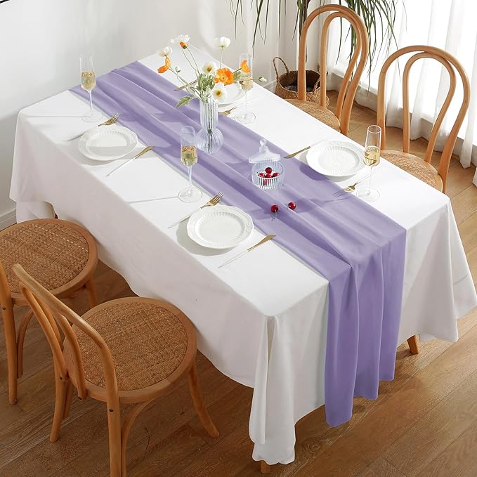 2 Pack 10 Ft Chiffon Table Runner Light Purple Gauze Long Table Runners 27x120 Inches Sheer Tulle Table Runner for Rustic Wedding Reception Bridal Shower Decorations Birthday Party