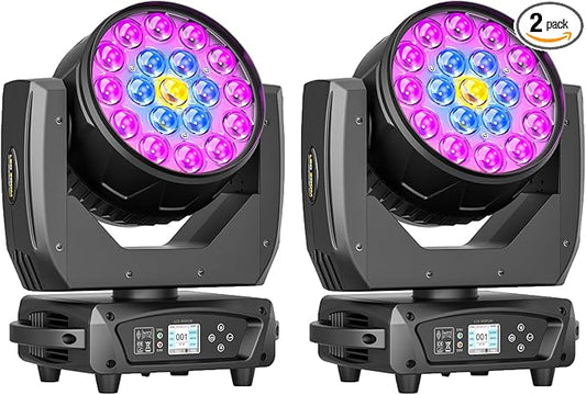 19x10W Moving Head Light Focusing/Beam/Wash/Zoom Effect Stage Lights 4-in-1 LED DMX512 & Sound Activated Control for DJ Disco Nightclub KTV Bar Theater Shopping Mall (2 PCS)