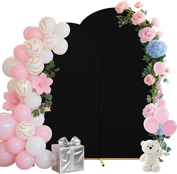 Wedding Arch Covers Arch Backdrop Cover Arch Stand Covers 7.2FT 6FT Set of 2 Arch Cover Spandex Fabric Stretchy Backdrop for Wedding Birthday Party Decoration Baby Shower (Black, Cover Only)