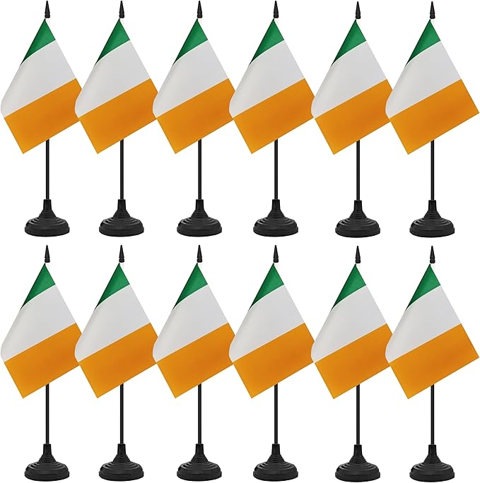 12 Pack Ireland Desk Flag Set, Irish Table Office Flag, Small Miniature Desktop Flag With Black Pole and Black Base, Classroom, Offices Meeting Desk Decoration (Ireland)