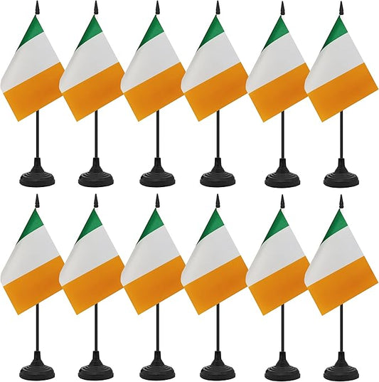 12 Pack Ireland Desk Flag Set, Irish Table Office Flag, Small Miniature Desktop Flag With Black Pole and Black Base, Classroom, Offices Meeting Desk Decoration (Ireland)