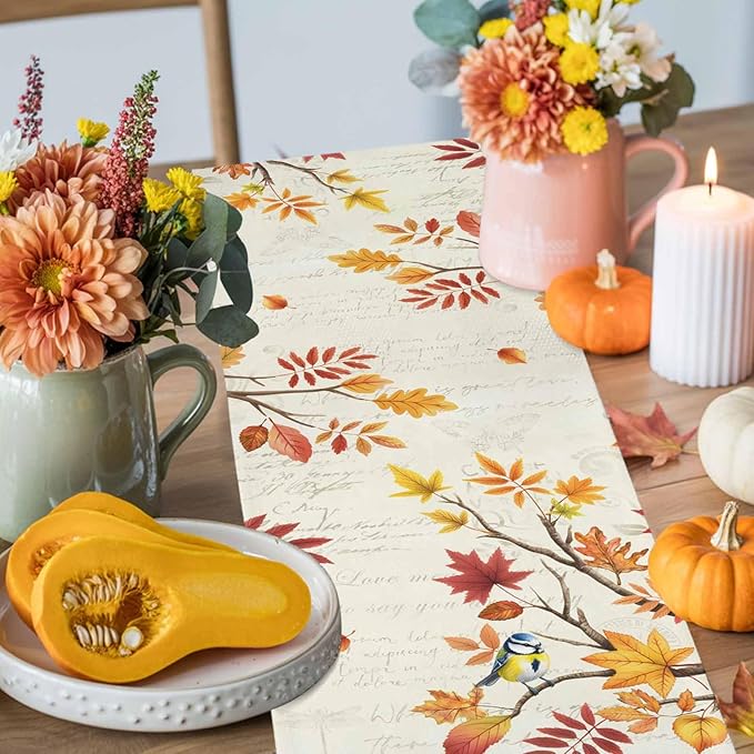 Thanksgiving Fall Cotton Linen Table Runner for Dining Kitchen, Blue Pumpkins Rustic Wedding Outdoor Party Autumn Tablerunners Decoration, Leaves Dresser Scarf Coffee Tablecloth Runners 13x108 Inches