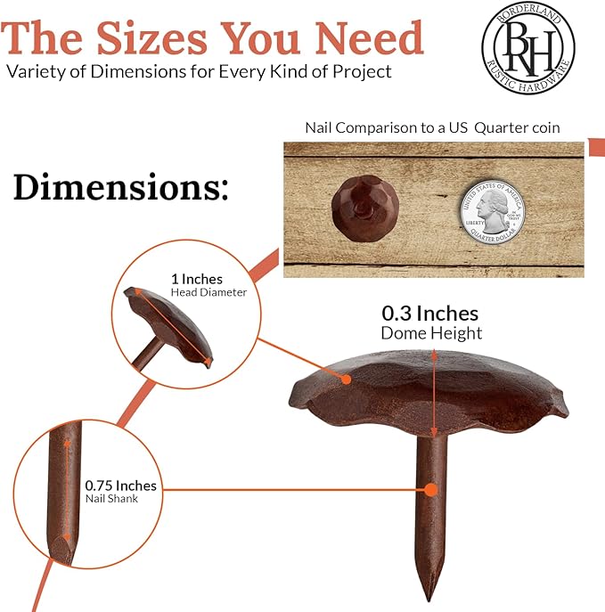 50 Pack 1" Small Round Head Iron Clavos Decorative Nails – Sealed Rusted – Handmade Rustic Round Fasteners for Farmhouse Shutter, Faux Wood, Barn Door, Shutters, and Gates – Ornamental Wood Accent